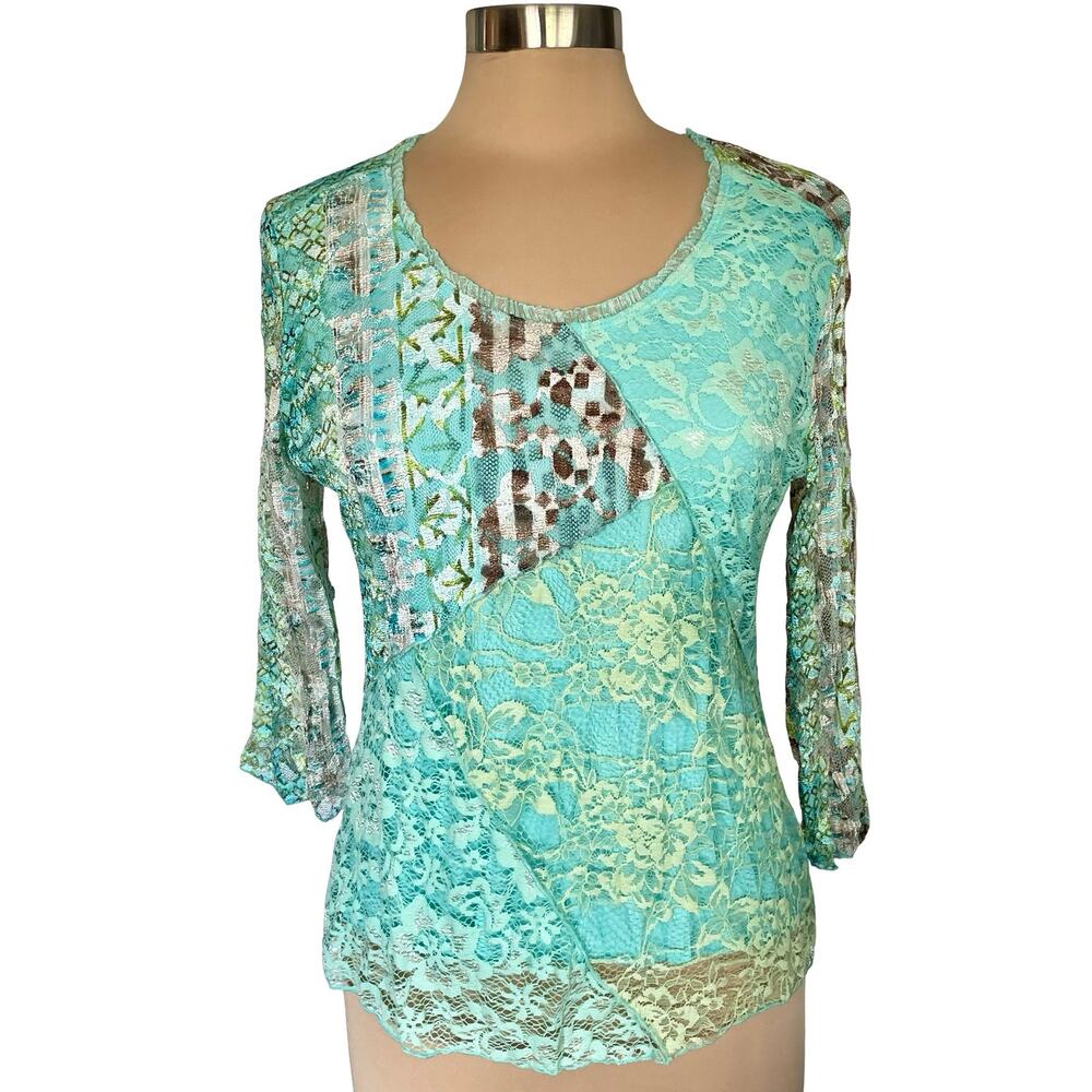 Nicola Y2K Patchwork Mesh Lace Top Sz L Fairy Whimsy Feminine Vintage 90s Dainty